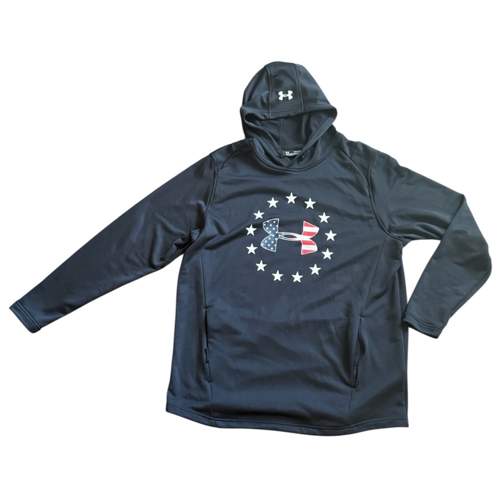 Under Armour Black Hoodie with Red, White, and Blue Flag Logo XXL